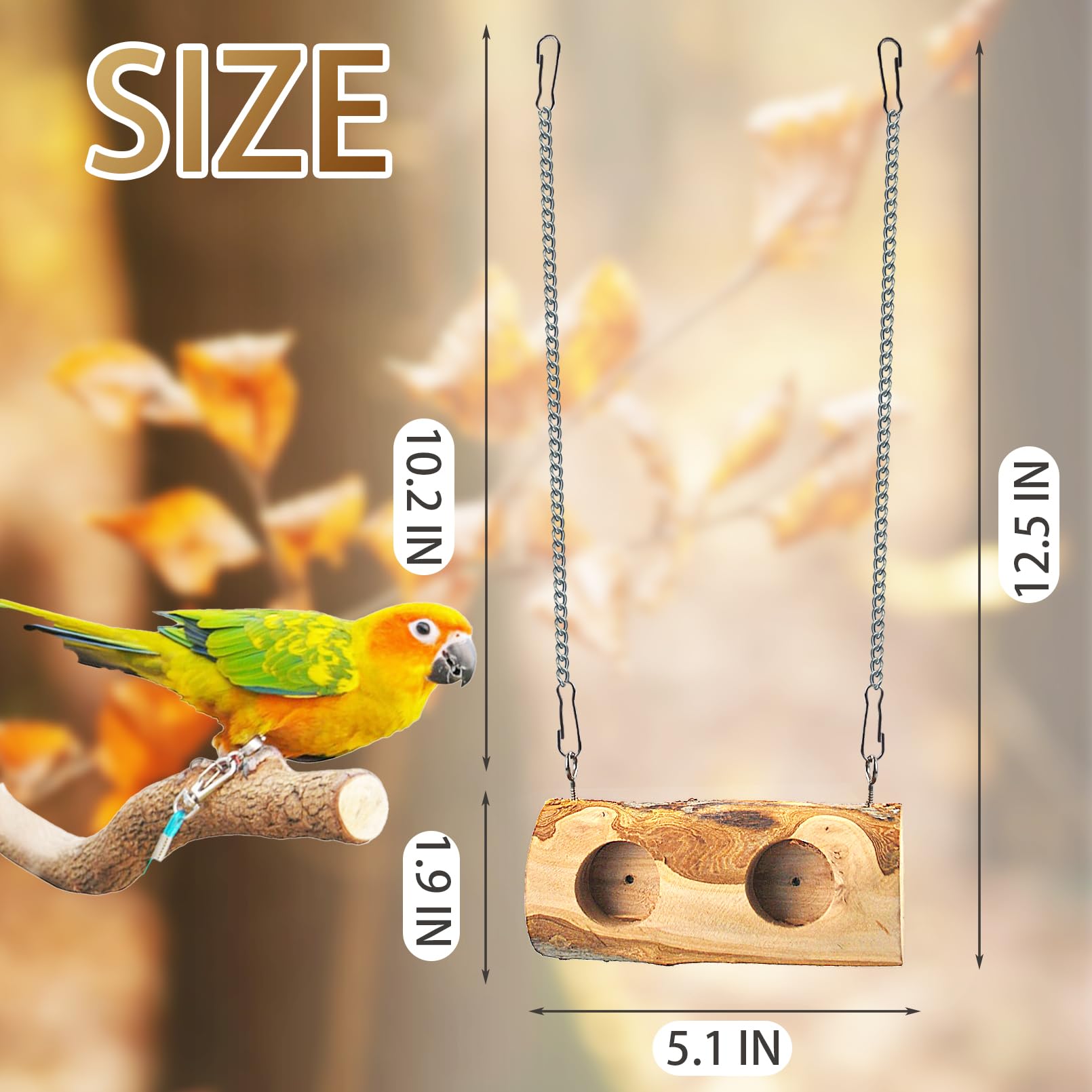 MUYG Wood Bird Swing Toy for Parakeets,2 in 1 Cockatiel Swing for Cage Hanging Standing Chewing Parrot Foraging Toys Natural Bir